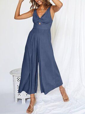 Anrabess Women's Jumpsuit L Charcoal Gray Wide Leg Smocked Bodice O-Ring Straps